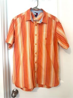 Vintage 2004 Tommy Hilfiger Men's XL Orange Striped Button Up Short Sleeve Shirt